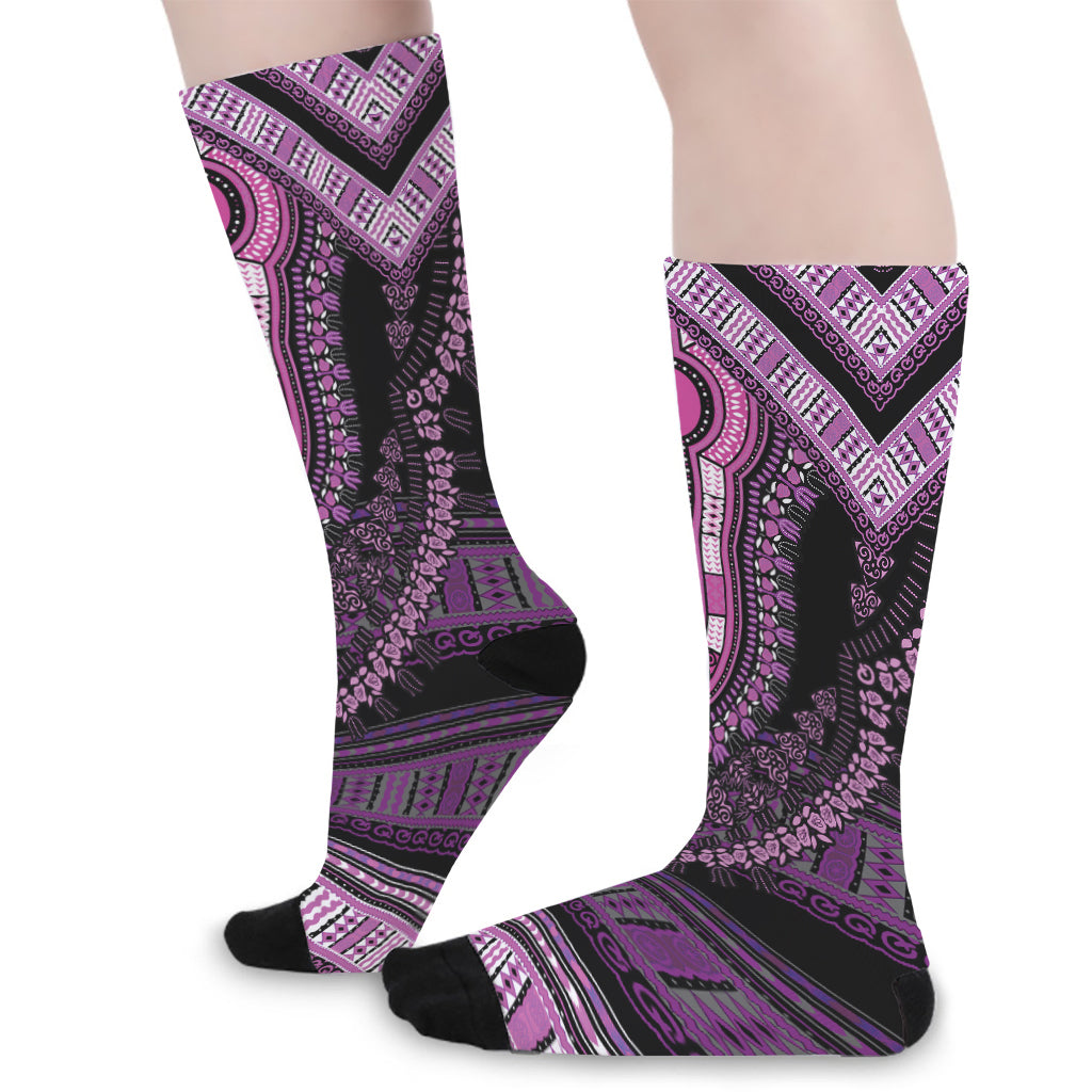 Purple And Black African Dashiki Print Long Socks