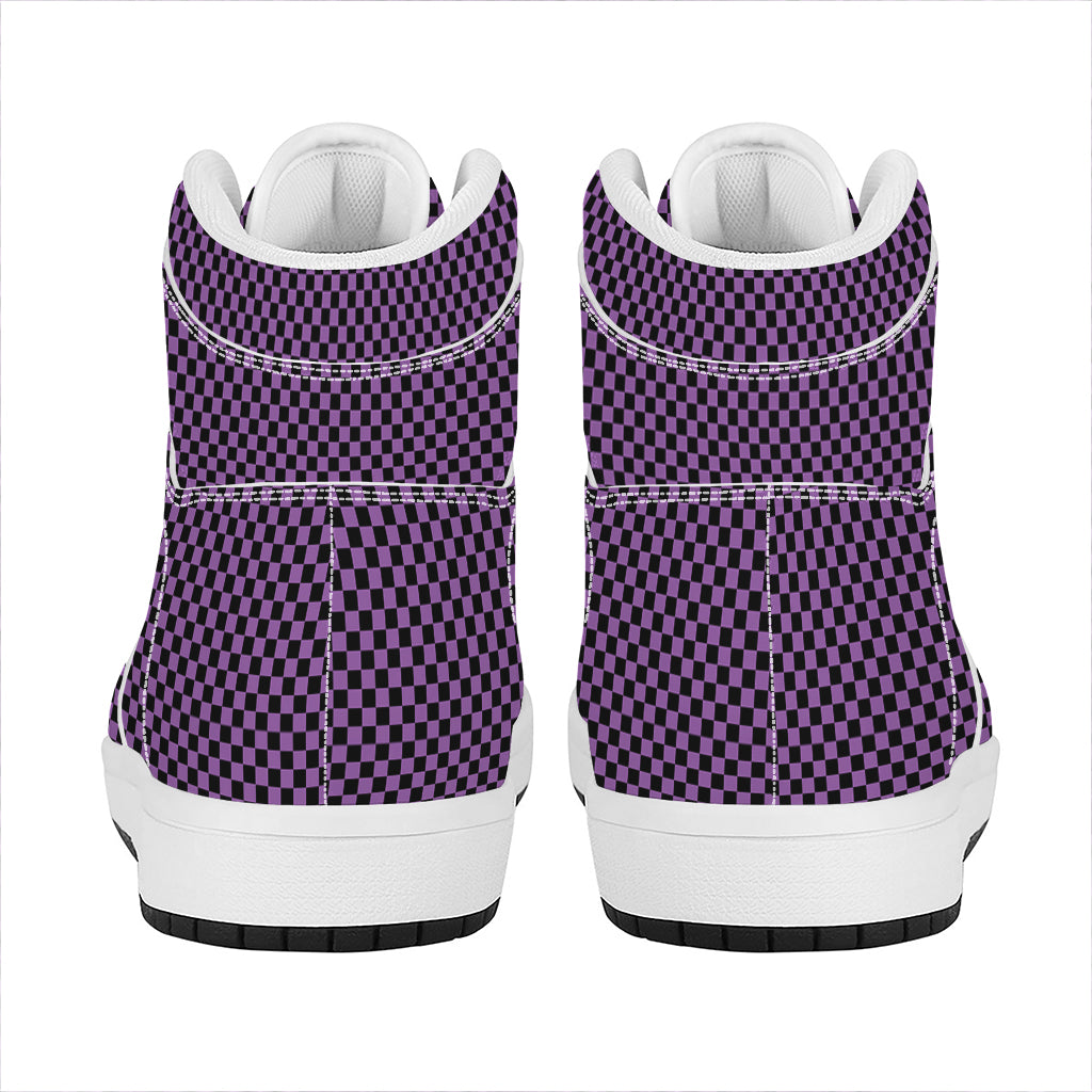 Purple And Black Checkered Pattern Print High Top Leather Sneakers