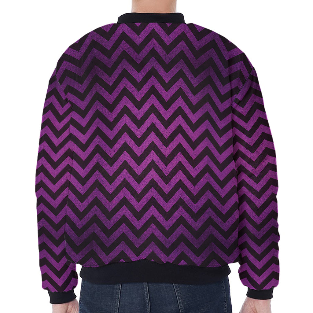 Purple And Black Chevron Pattern Print Zip Sleeve Bomber Jacket