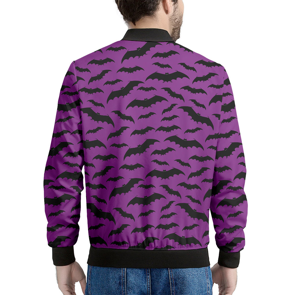 Purple And Black Halloween Bat Print Men's Bomber Jacket