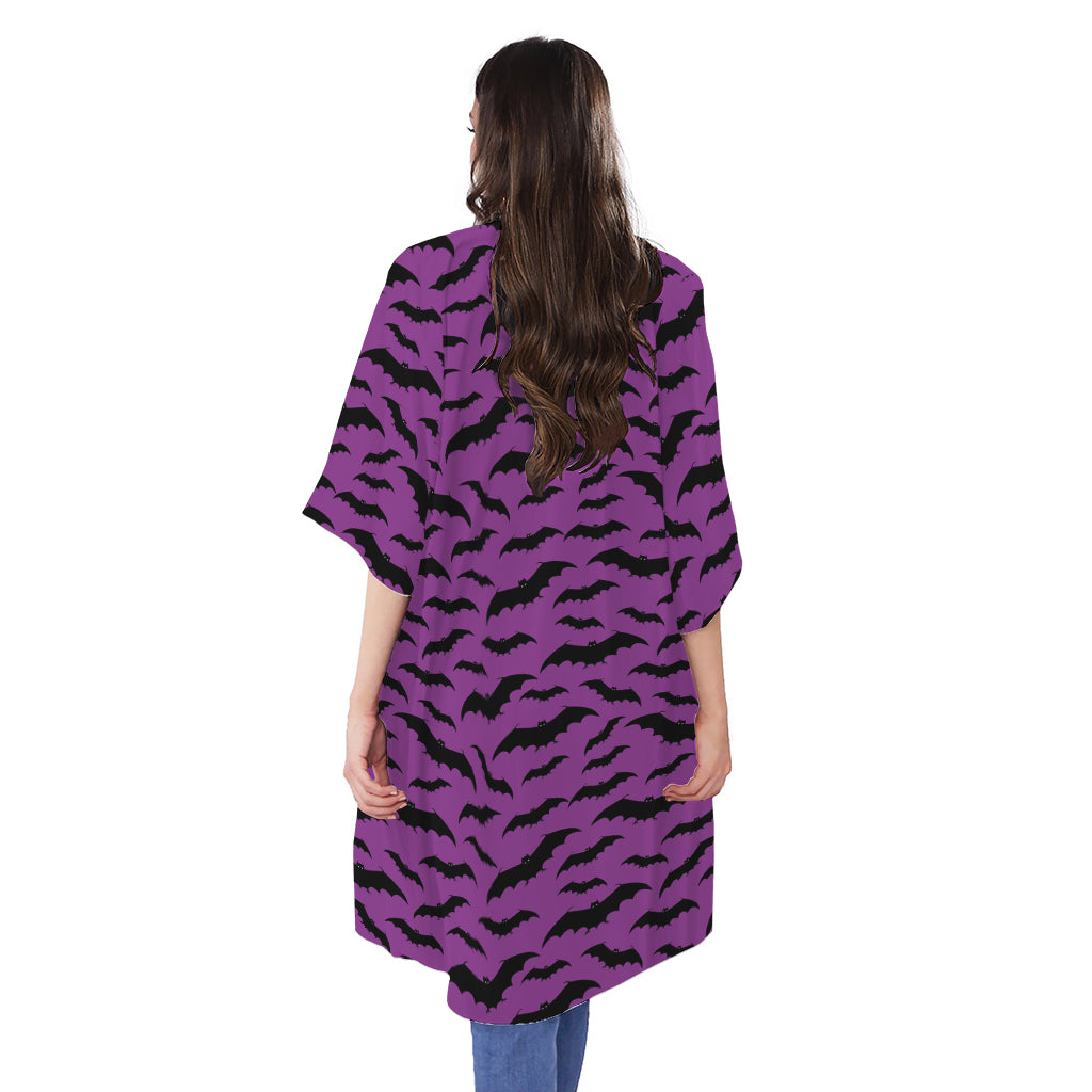 Purple And Black Halloween Bat Print Open Front Beach Cover Up