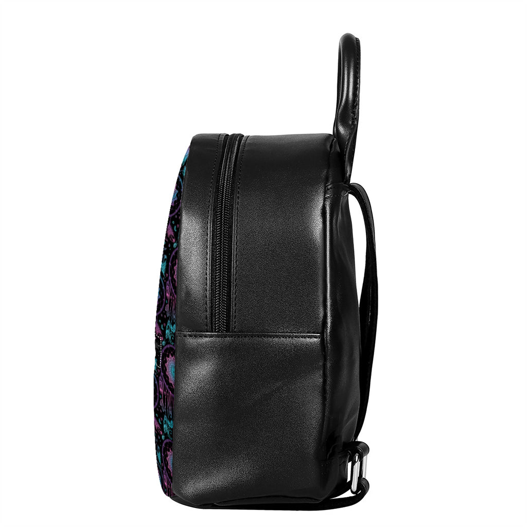 Purple And Blue Dream Catcher Print Leather Backpack