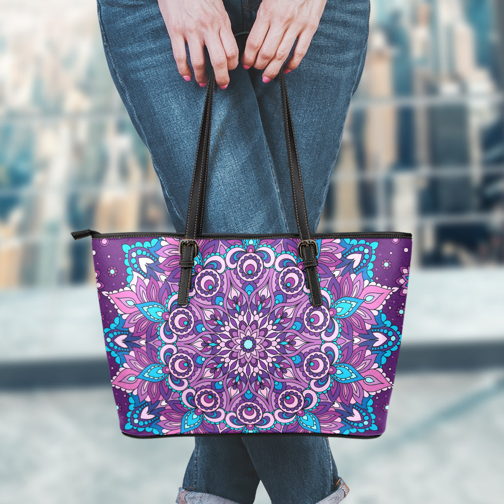 Purple And Blue Mandala Print Leather Tote Bag