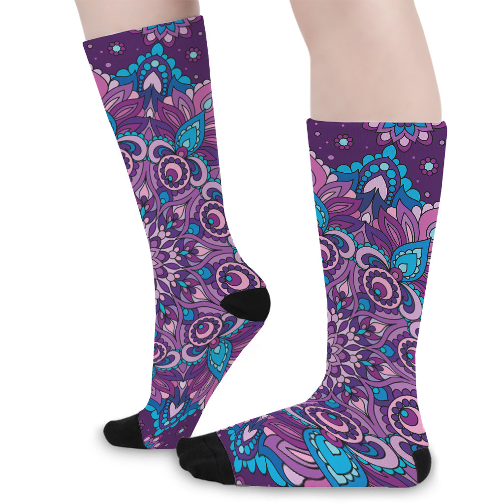 Purple And Blue Mandala Print Long Socks
