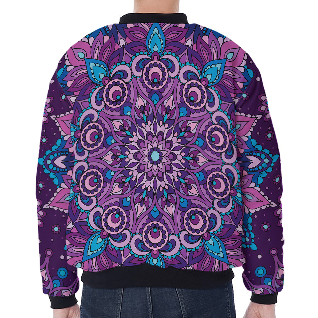 Purple And Blue Mandala Print Zip Sleeve Bomber Jacket