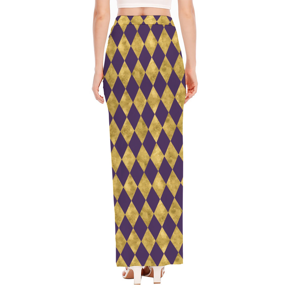 Purple And Gold Harlequin Pattern Print High Slit Maxi Skirt