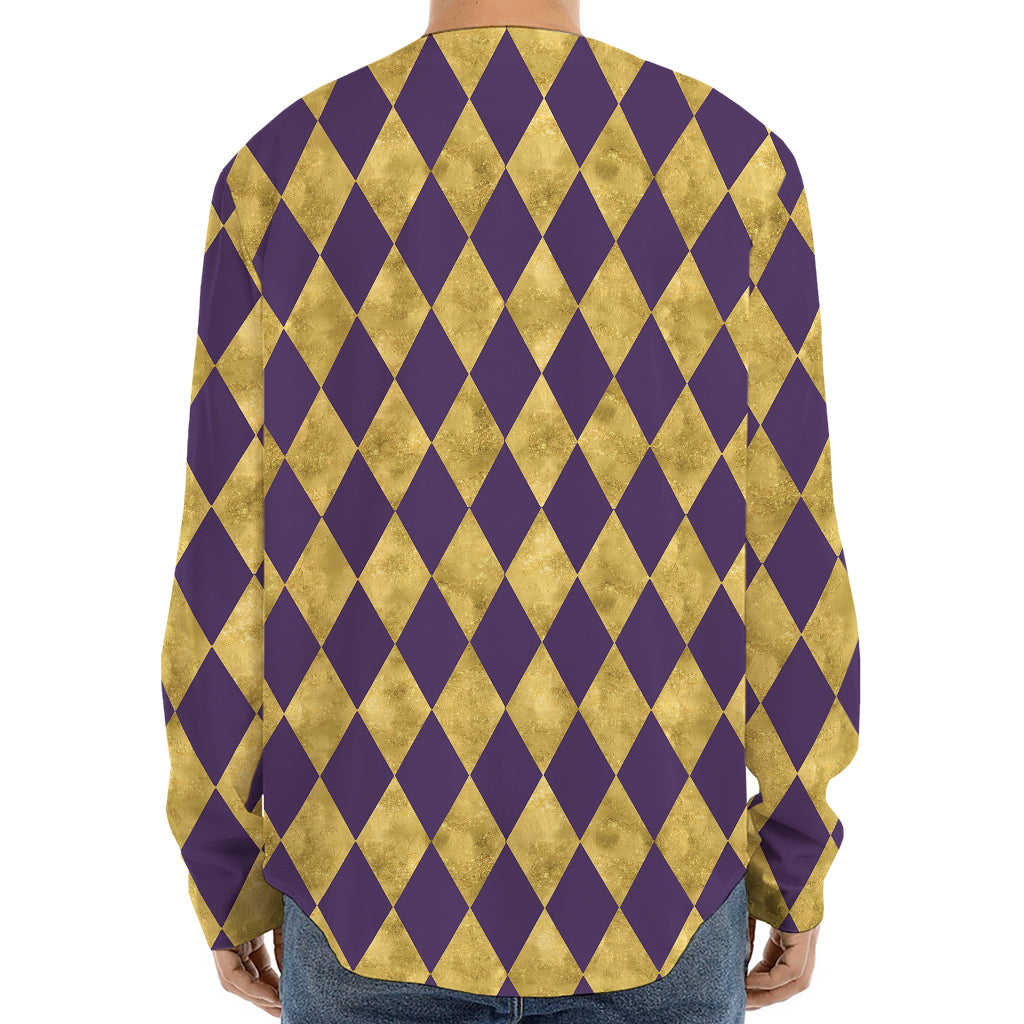 Purple And Gold Harlequin Pattern Print Long Sleeve Baseball Jersey