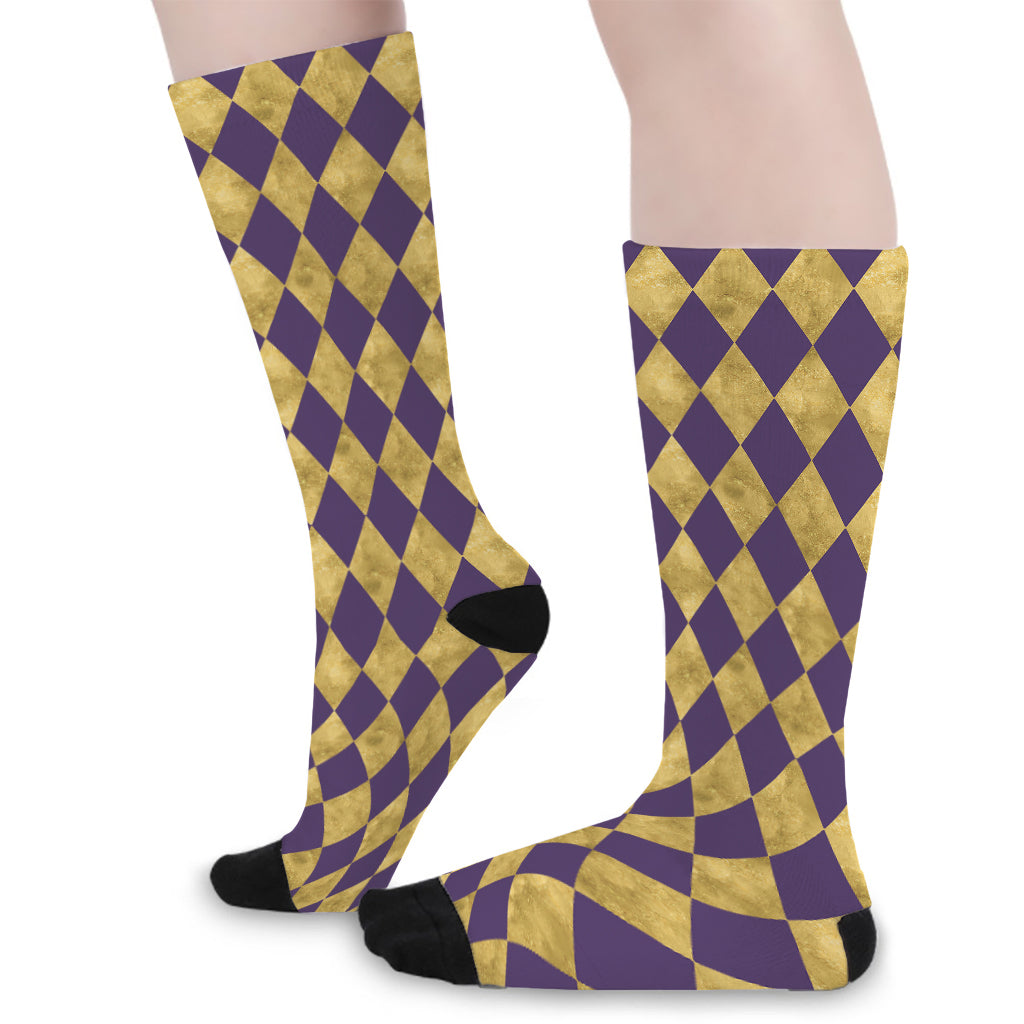 Purple And Gold Harlequin Pattern Print Long Socks