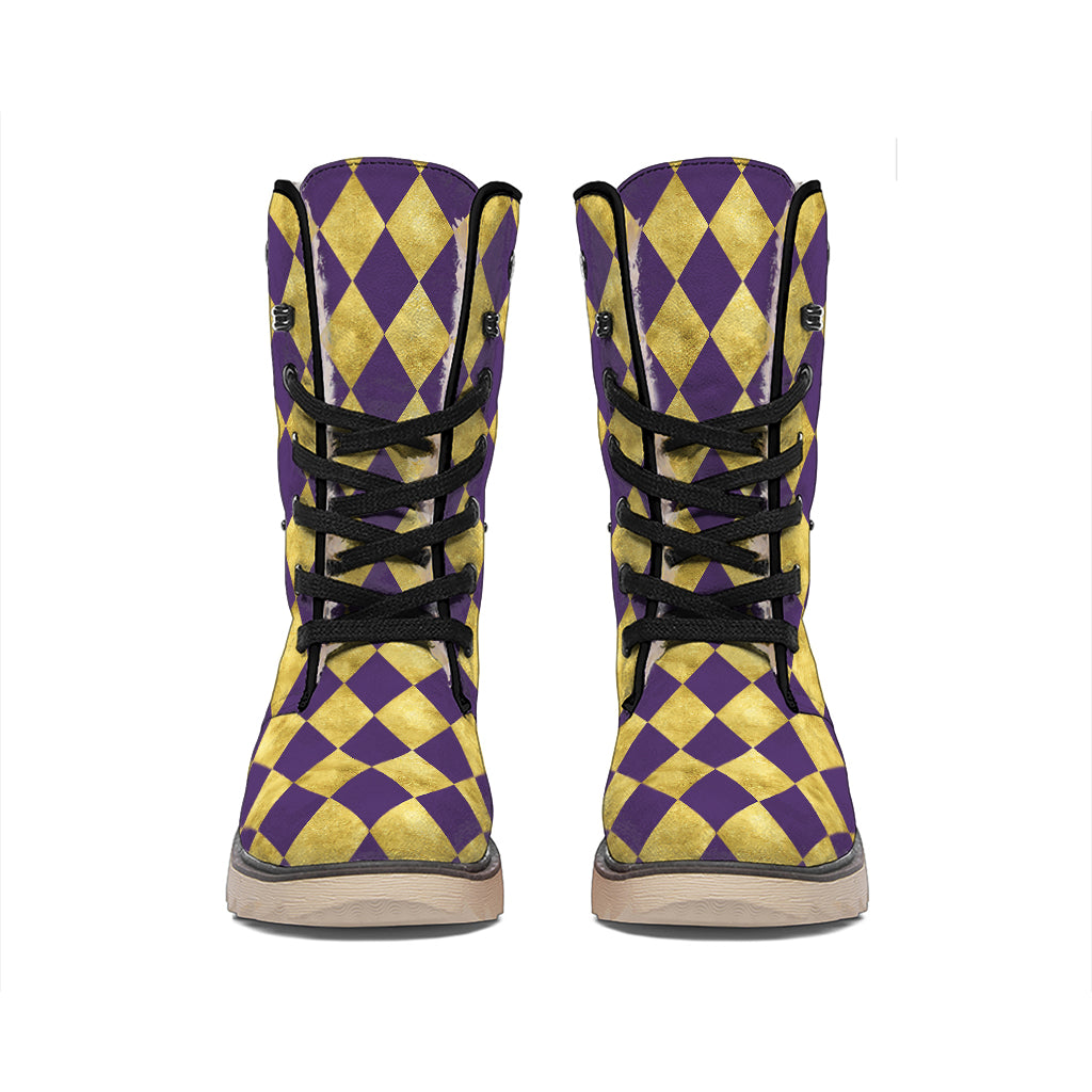 Purple And Gold Harlequin Pattern Print Winter Boots