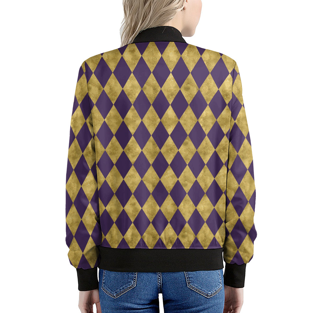Purple And Gold Harlequin Pattern Print Women's Bomber Jacket