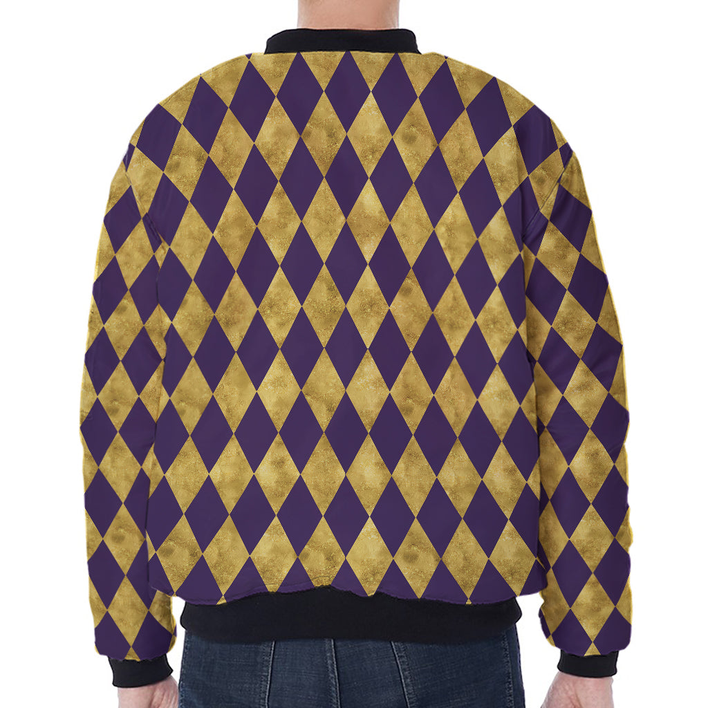 Purple And Gold Harlequin Pattern Print Zip Sleeve Bomber Jacket