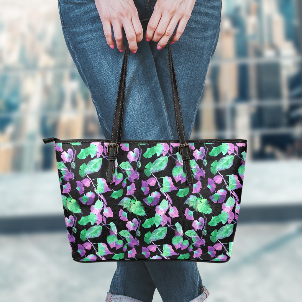 Purple And Green Leaf Pattern Print Leather Tote Bag