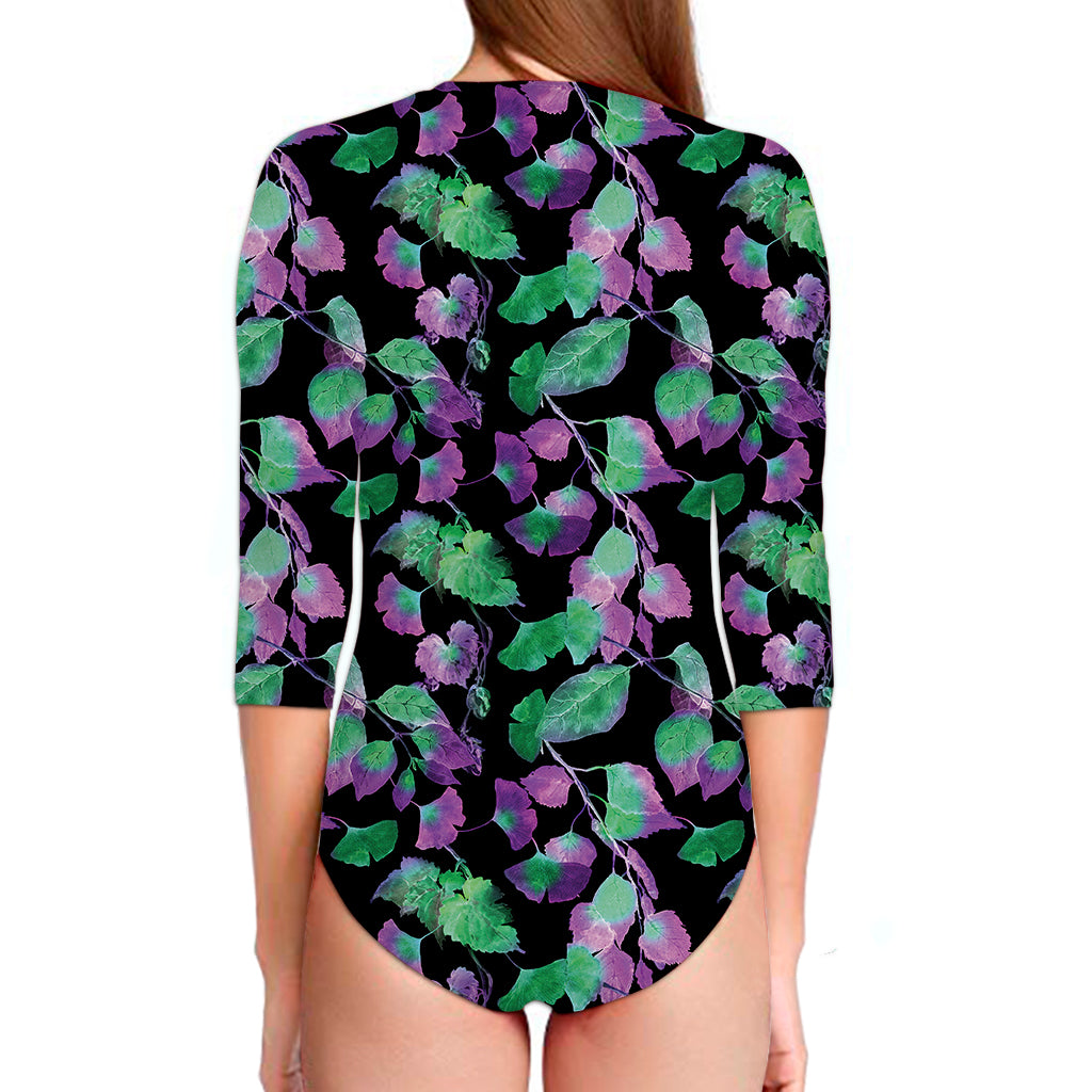Purple And Green Leaf Pattern Print Long Sleeve Swimsuit