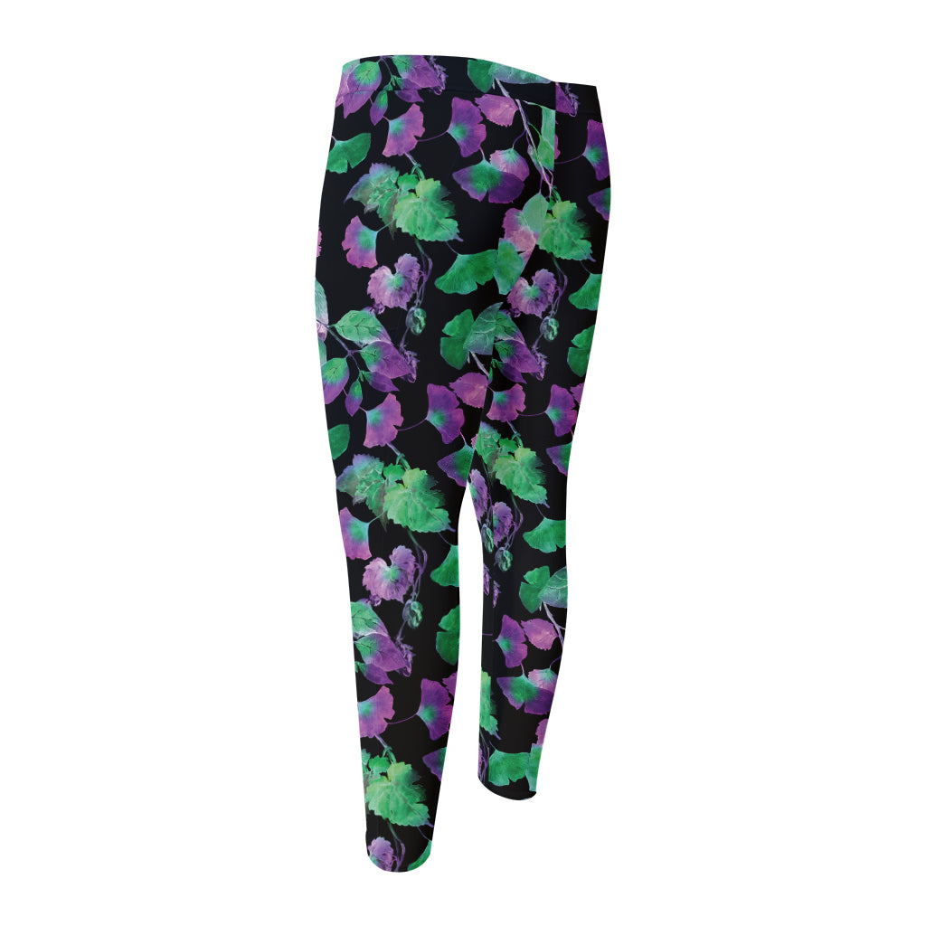 Purple And Green Leaf Pattern Print Men's Compression Pants