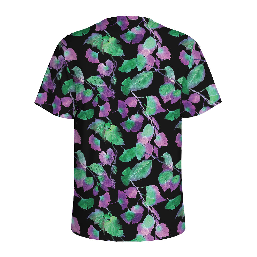 Purple And Green Leaf Pattern Print Men's Sports T-Shirt