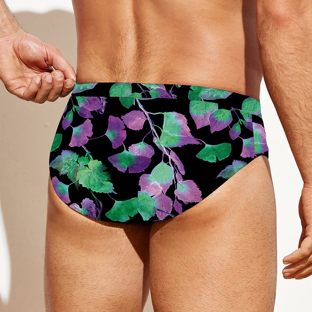 Purple And Green Leaf Pattern Print Men's Swim Briefs