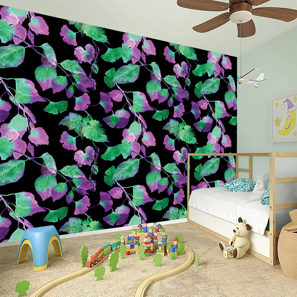 Purple And Green Leaf Pattern Print Wall Sticker