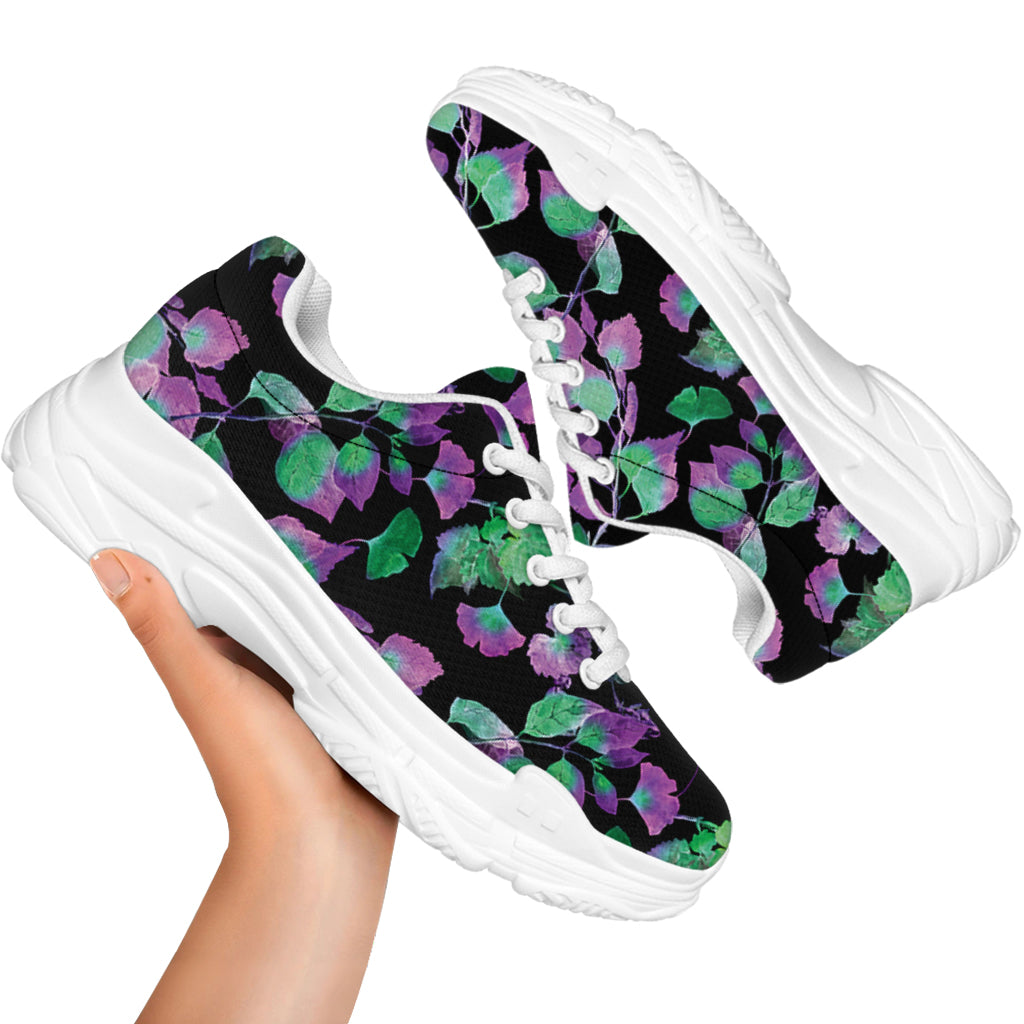 Purple And Green Leaf Pattern Print White Chunky Shoes