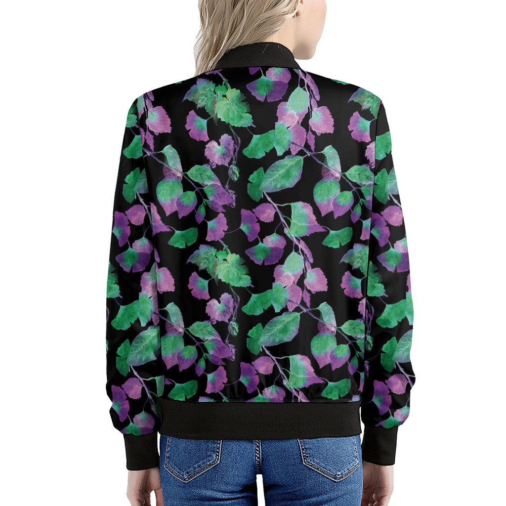 Purple And Green Leaf Pattern Print Women's Bomber Jacket
