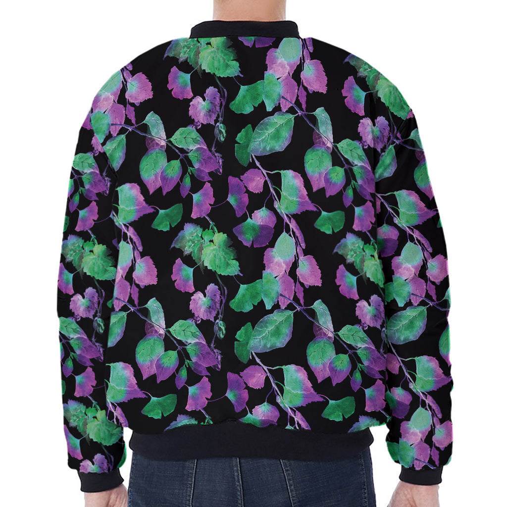 Purple And Green Leaf Pattern Print Zip Sleeve Bomber Jacket