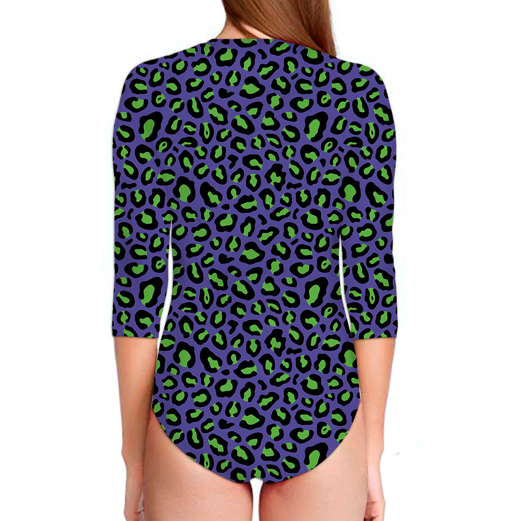 Purple And Green Leopard Pattern Print Long Sleeve Swimsuit