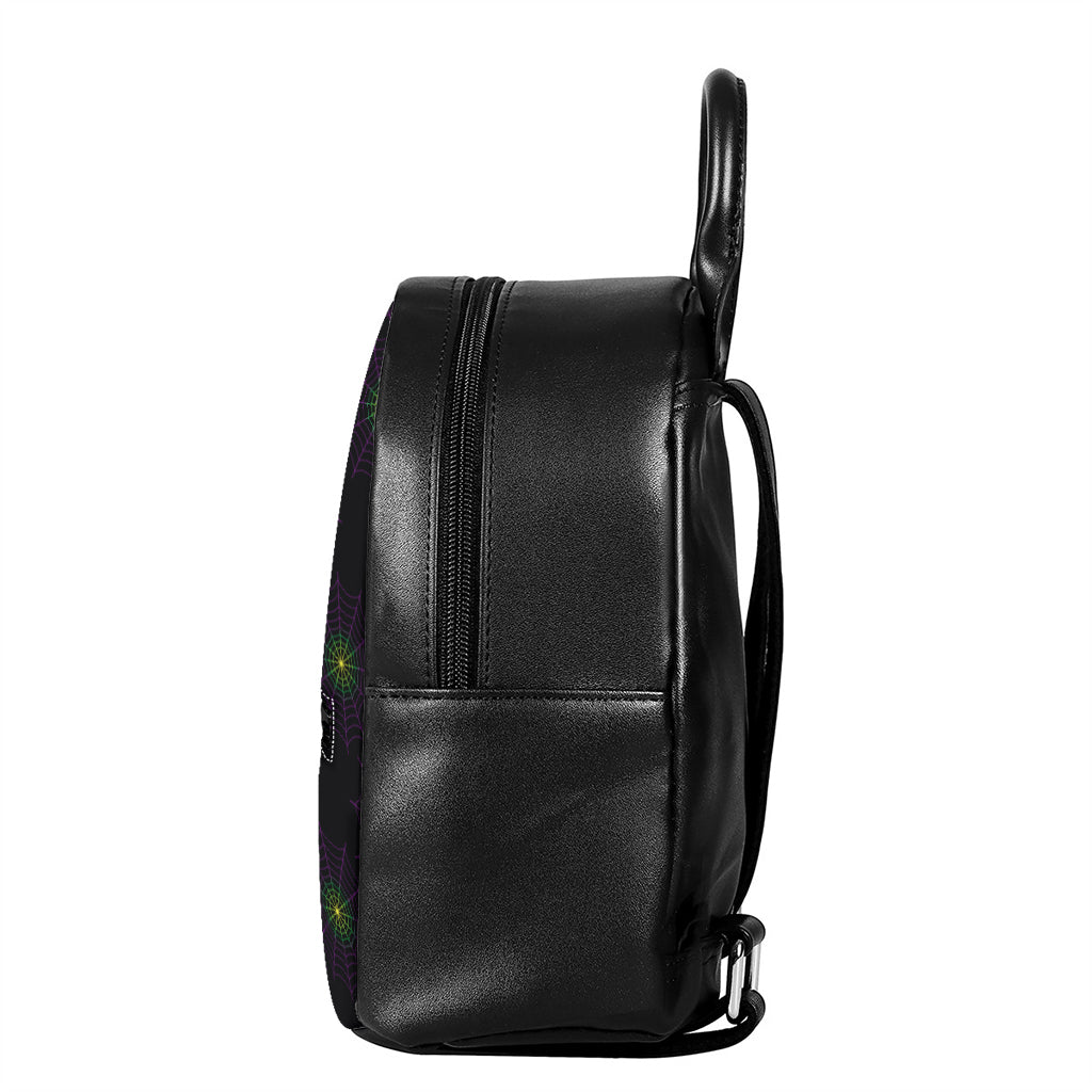 Purple And Green Spider Web Print Leather Backpack