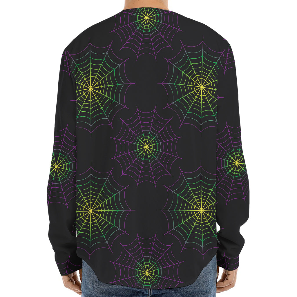 Purple And Green Spider Web Print Long Sleeve Baseball Jersey