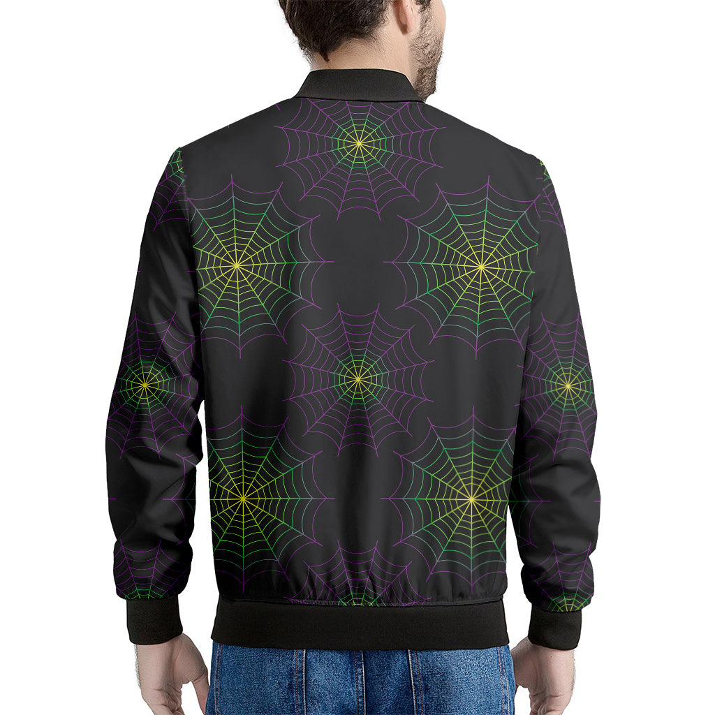 Purple And Green Spider Web Print Men's Bomber Jacket