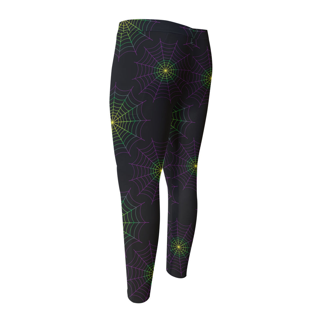 Purple And Green Spider Web Print Men's Compression Pants