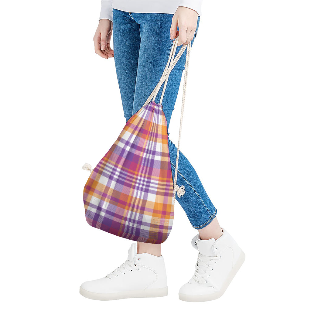 Purple And Orange Madras Plaid Print Drawstring Bag