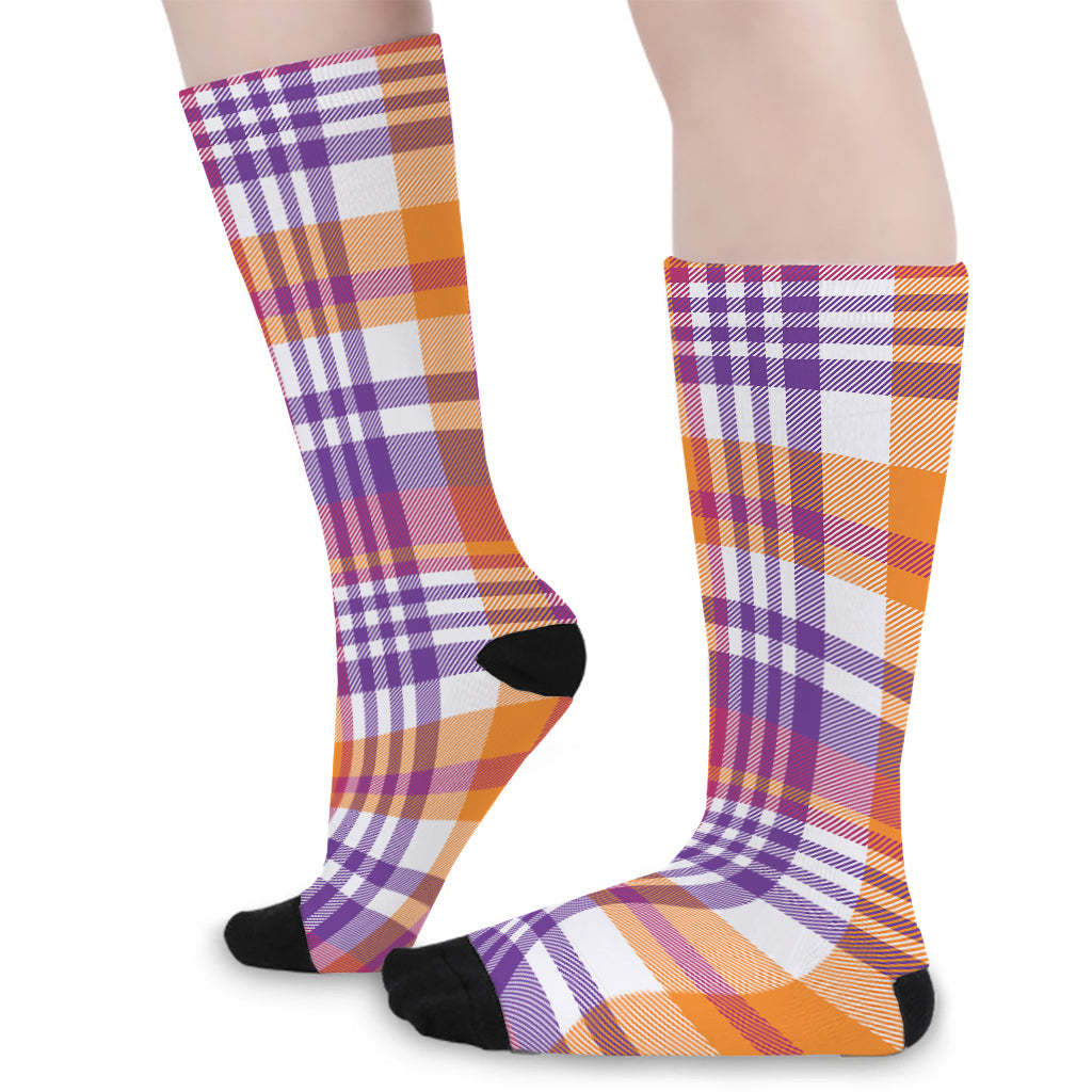 Purple And Orange Madras Plaid Print Long Socks