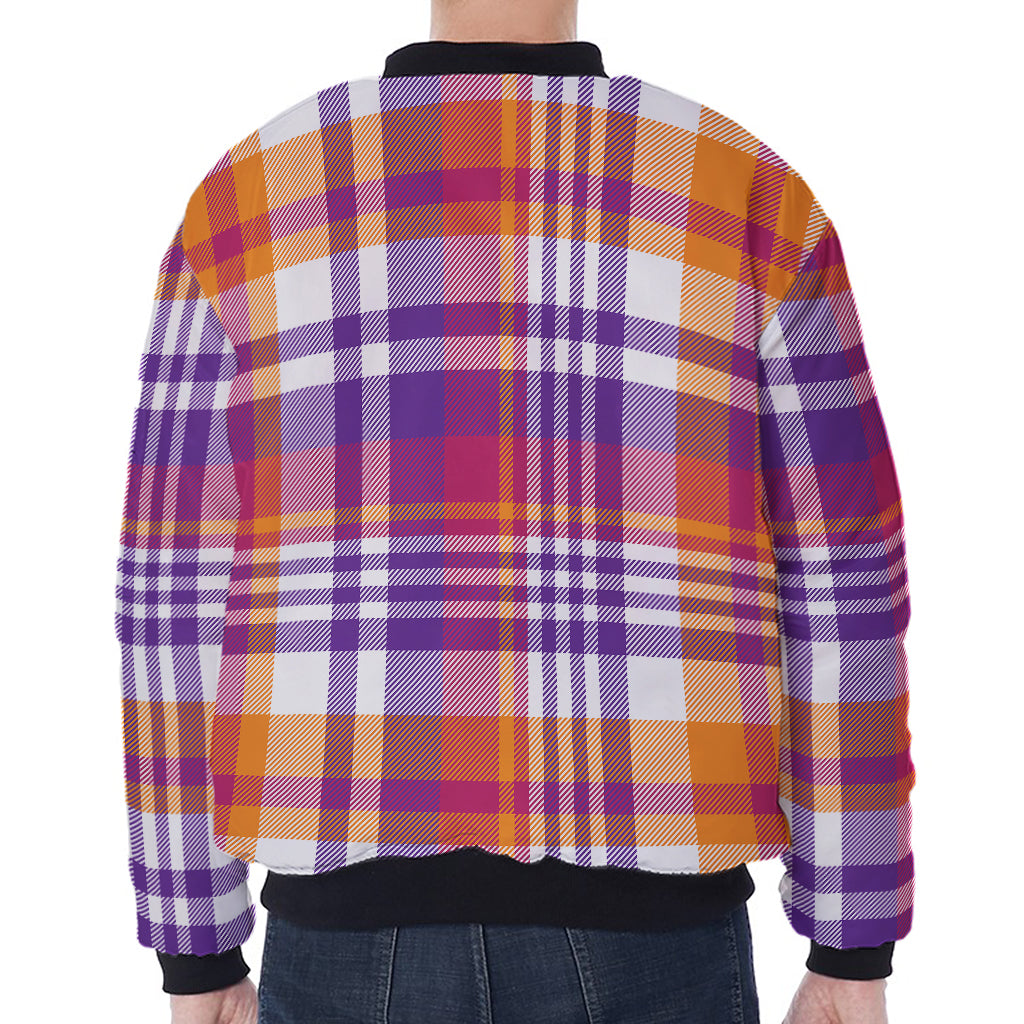 Purple And Orange Madras Plaid Print Zip Sleeve Bomber Jacket