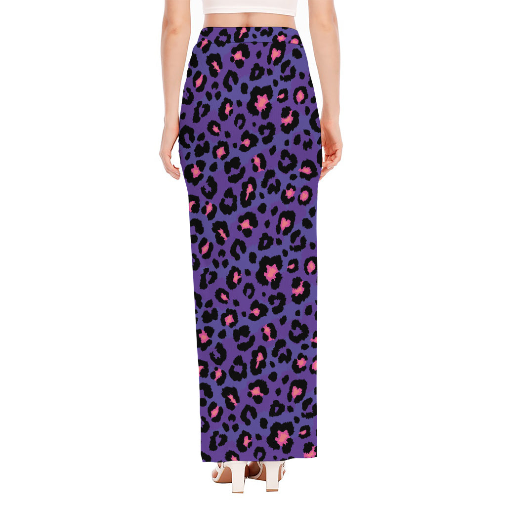 Purple And Pink Leopard Print High Slit Maxi Skirt