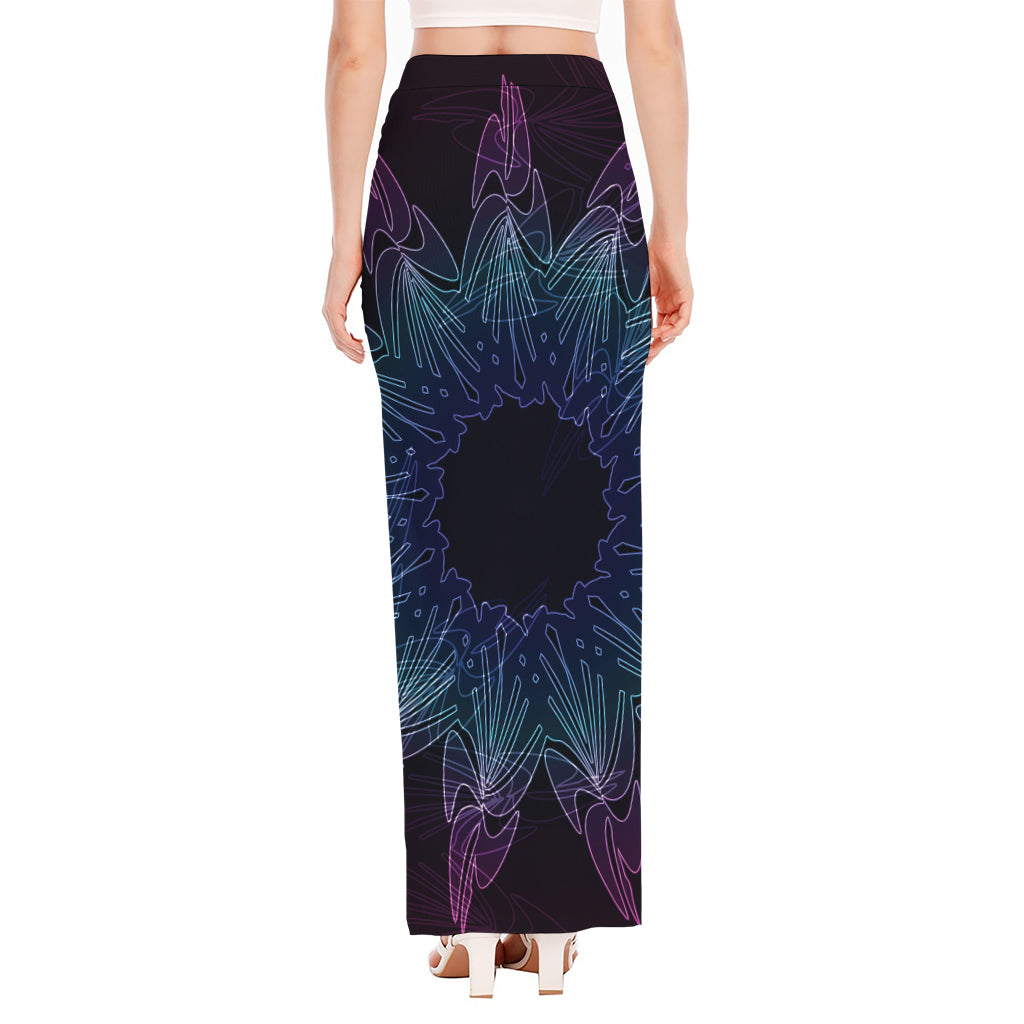 Purple And Teal Dark Mandala Print High Slit Maxi Skirt