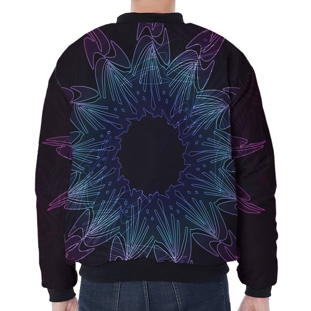Purple And Teal Dark Mandala Print Zip Sleeve Bomber Jacket