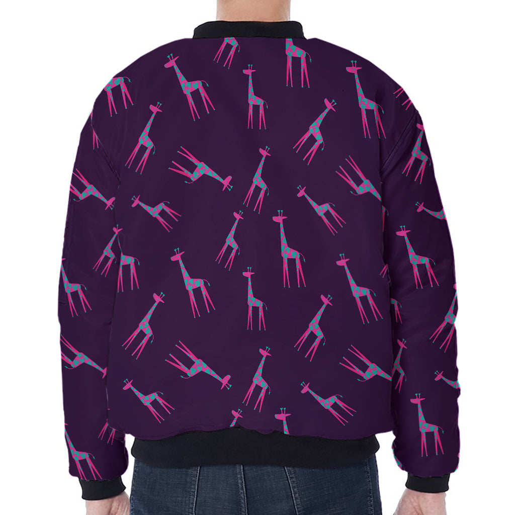 Purple And Teal Giraffe Pattern Print Zip Sleeve Bomber Jacket
