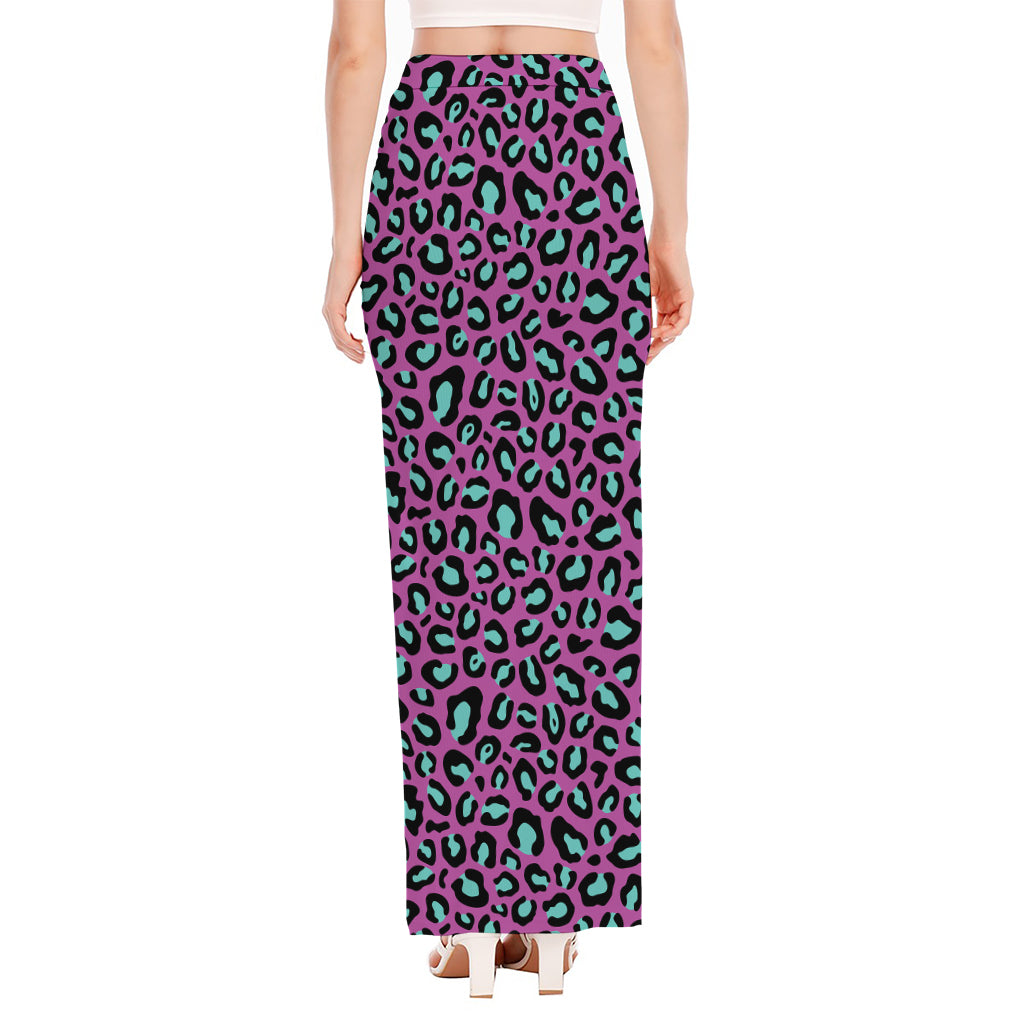 Purple And Teal Leopard Pattern Print High Slit Maxi Skirt