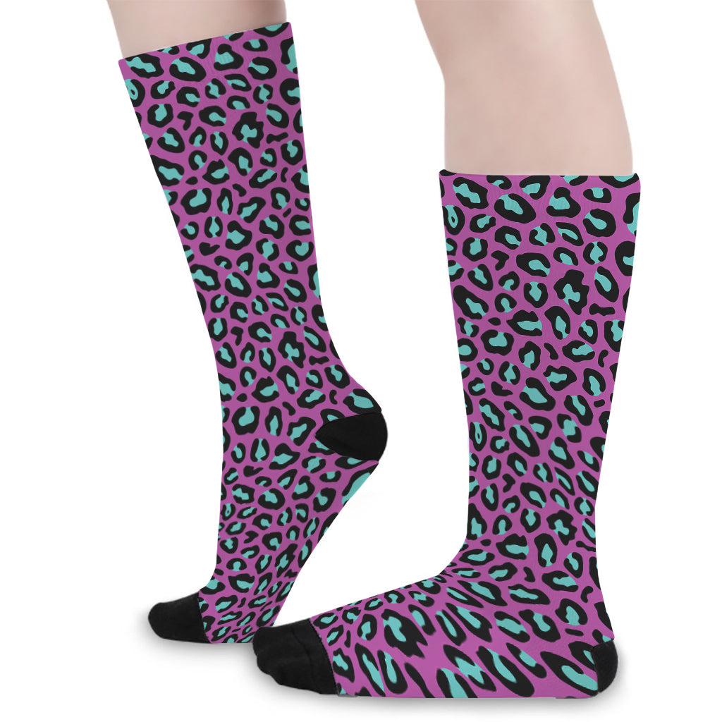 Purple And Teal Leopard Pattern Print Long Socks