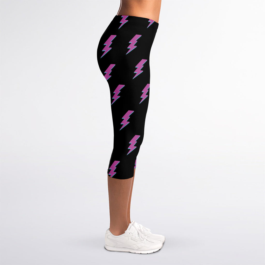Purple And Teal Lightning Pattern Print Women's Capri Leggings