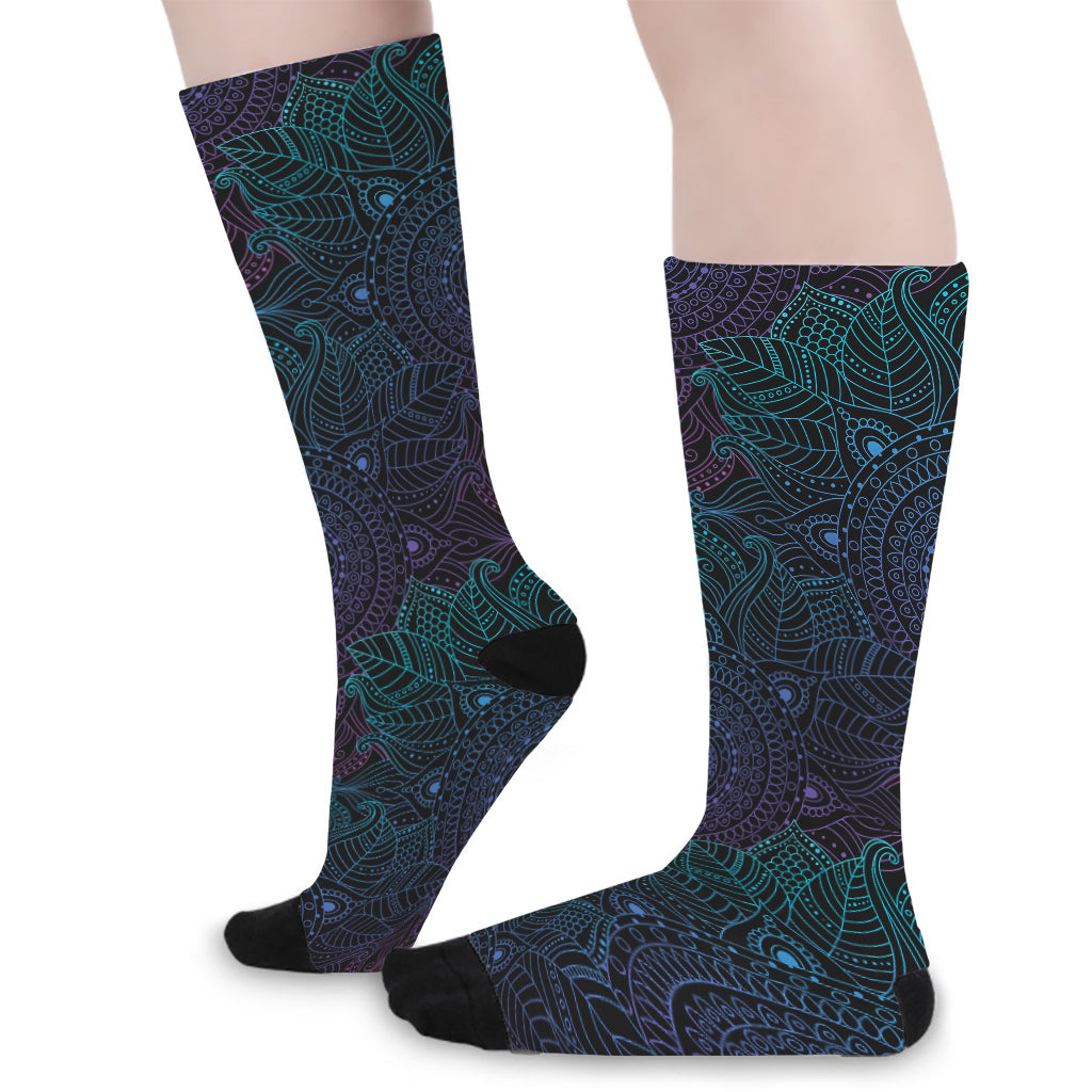 Purple And Teal Mandala Print Long Socks