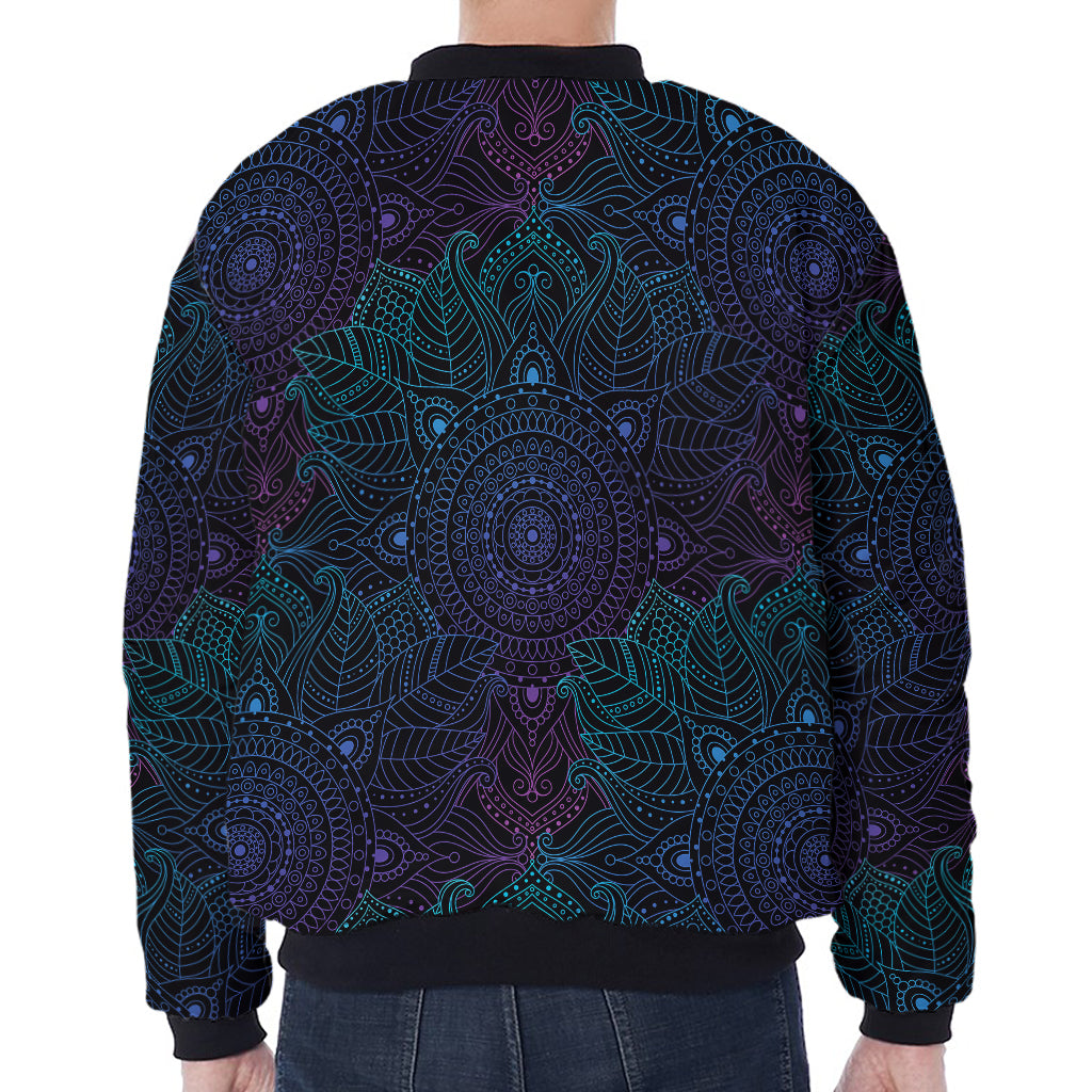 Purple And Teal Mandala Print Zip Sleeve Bomber Jacket