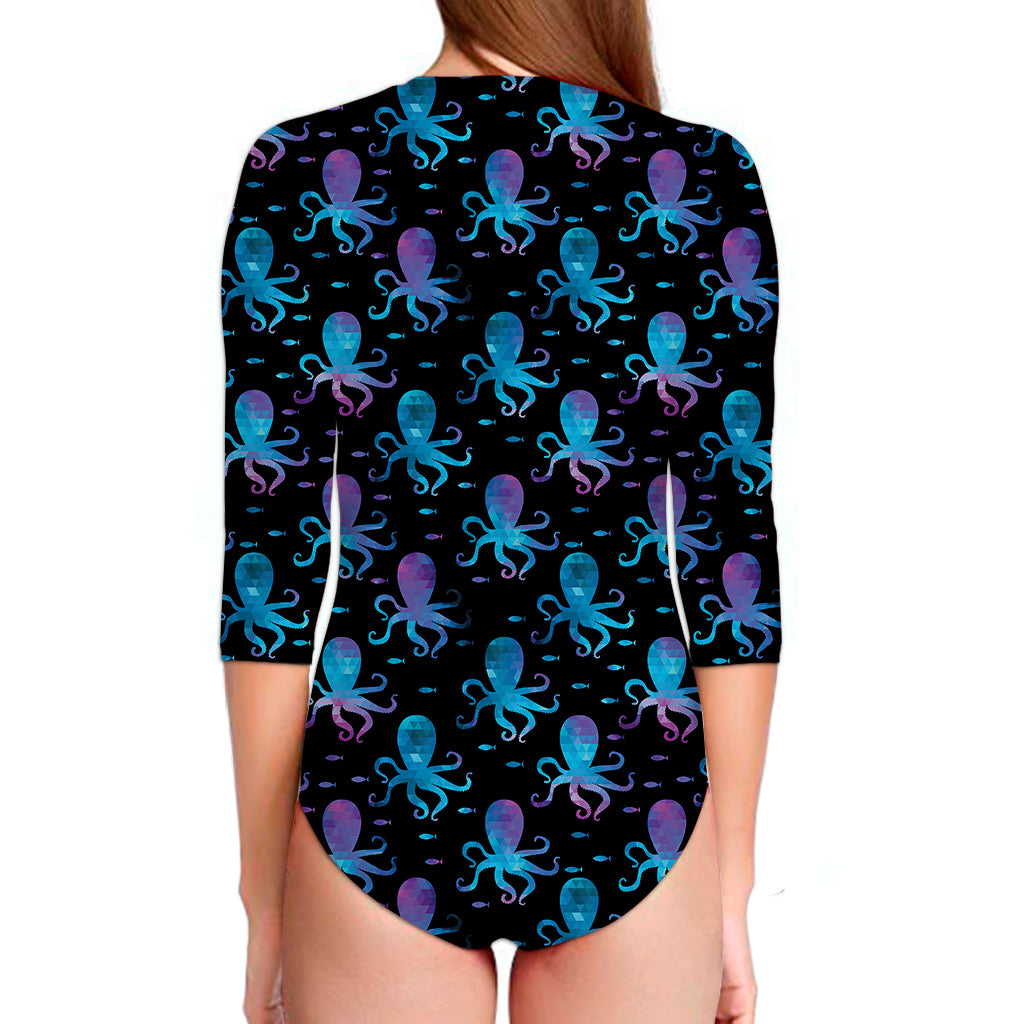 Purple And Teal Octopus Pattern Print Long Sleeve Swimsuit