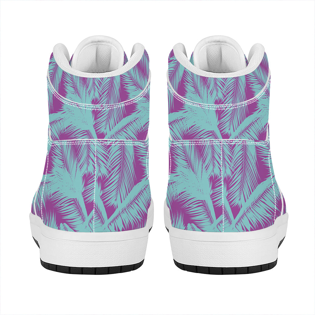 Purple And Teal Tropical Leaf Print High Top Leather Sneakers