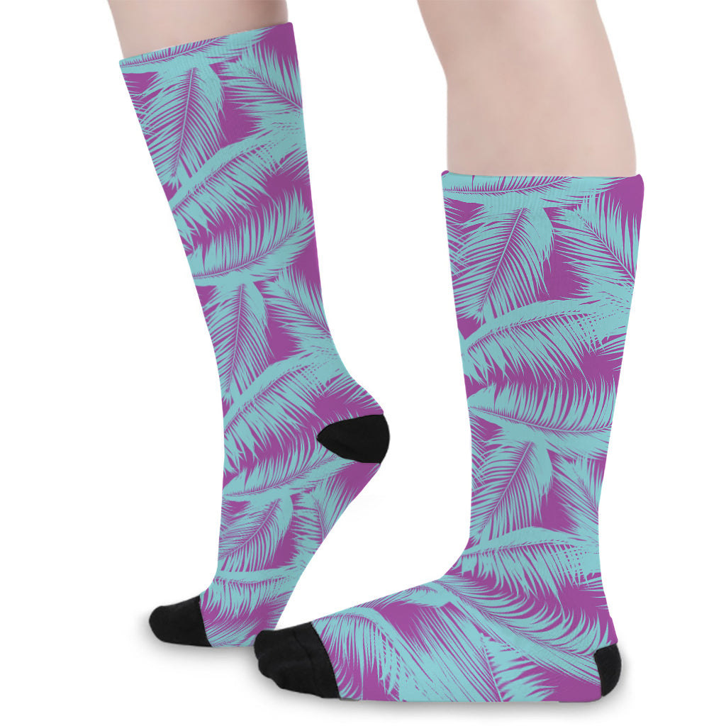 Purple And Teal Tropical Leaf Print Long Socks