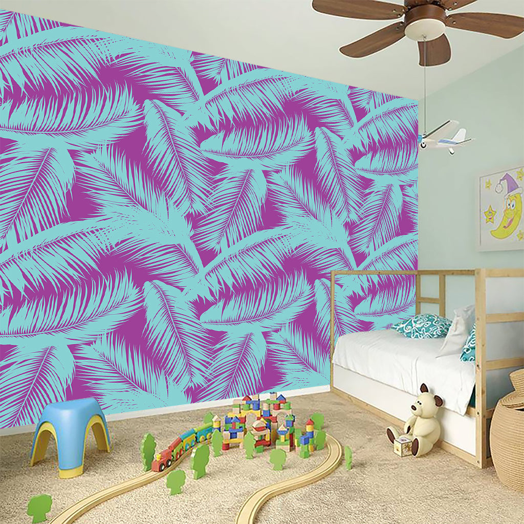 Purple And Teal Tropical Leaf Print Wall Sticker