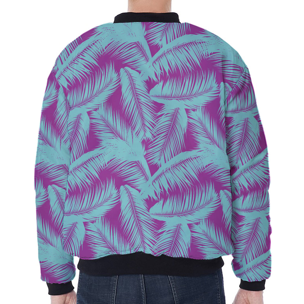 Purple And Teal Tropical Leaf Print Zip Sleeve Bomber Jacket