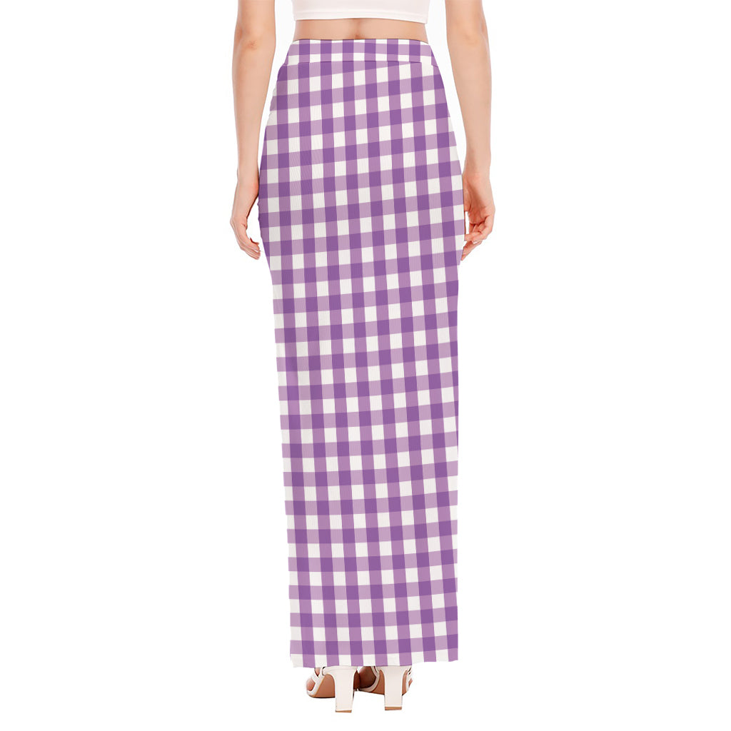 Purple And White Check Pattern Print High Slit Maxi Skirt