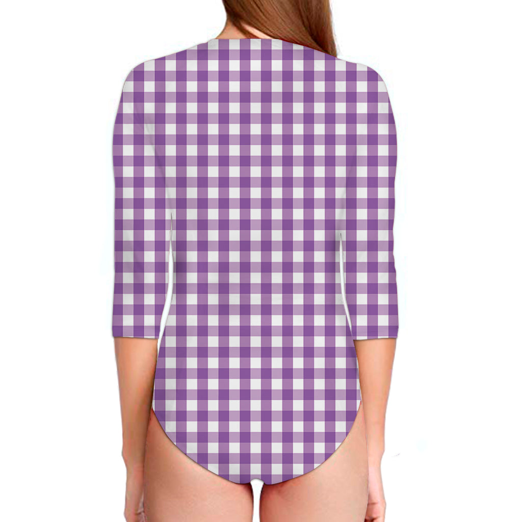 Purple And White Check Pattern Print Long Sleeve Swimsuit