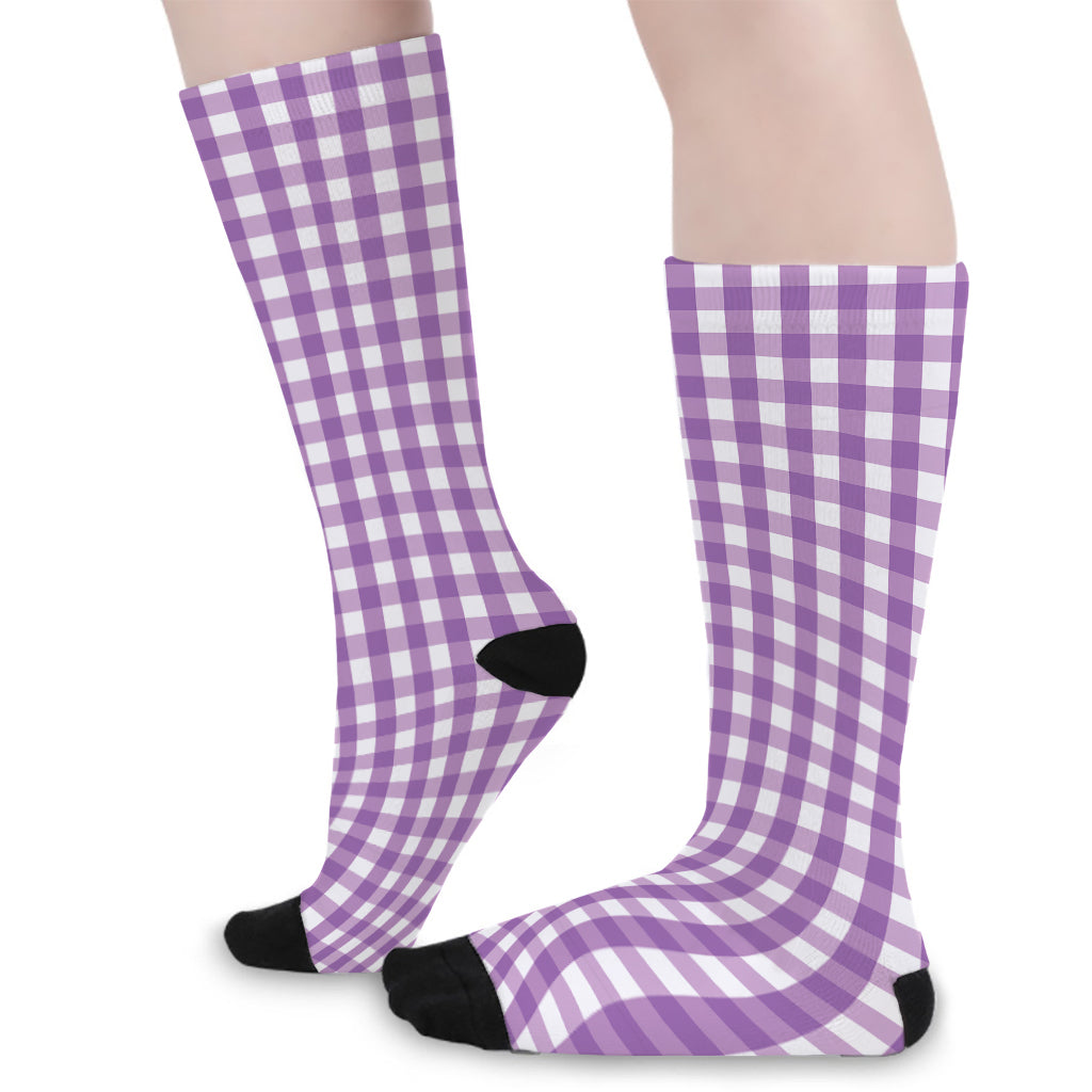 Purple And White Check Pattern Print Long Socks