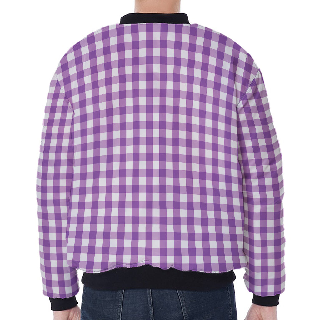 Purple And White Check Pattern Print Zip Sleeve Bomber Jacket